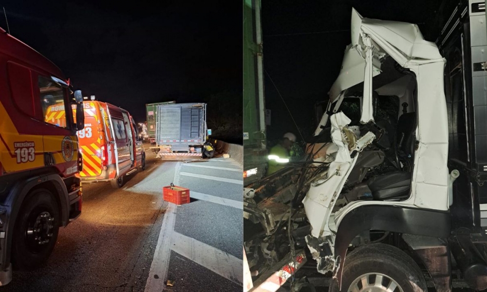 Acidente na BR-101: Colisão entre caminhões deixa um condutor preso nas ferragens